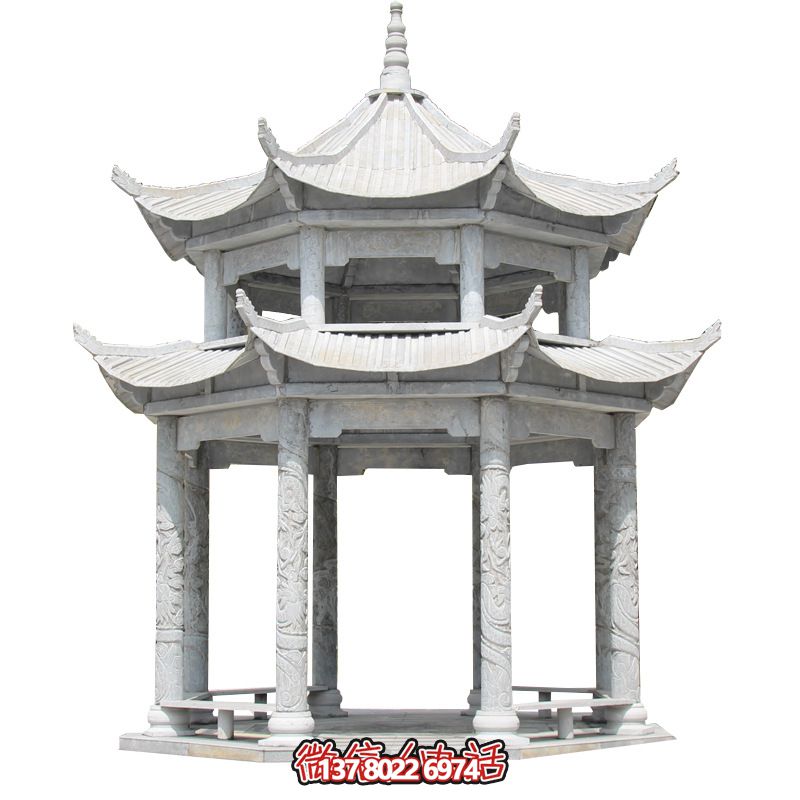 精美大理石雙層柱涼亭，雕塑點綴休息亭